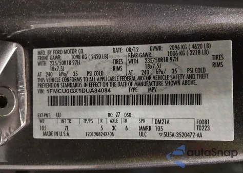 2013 Ford Escape Se from USA, damaged, VIN 1FMCU0GX1DUA84084